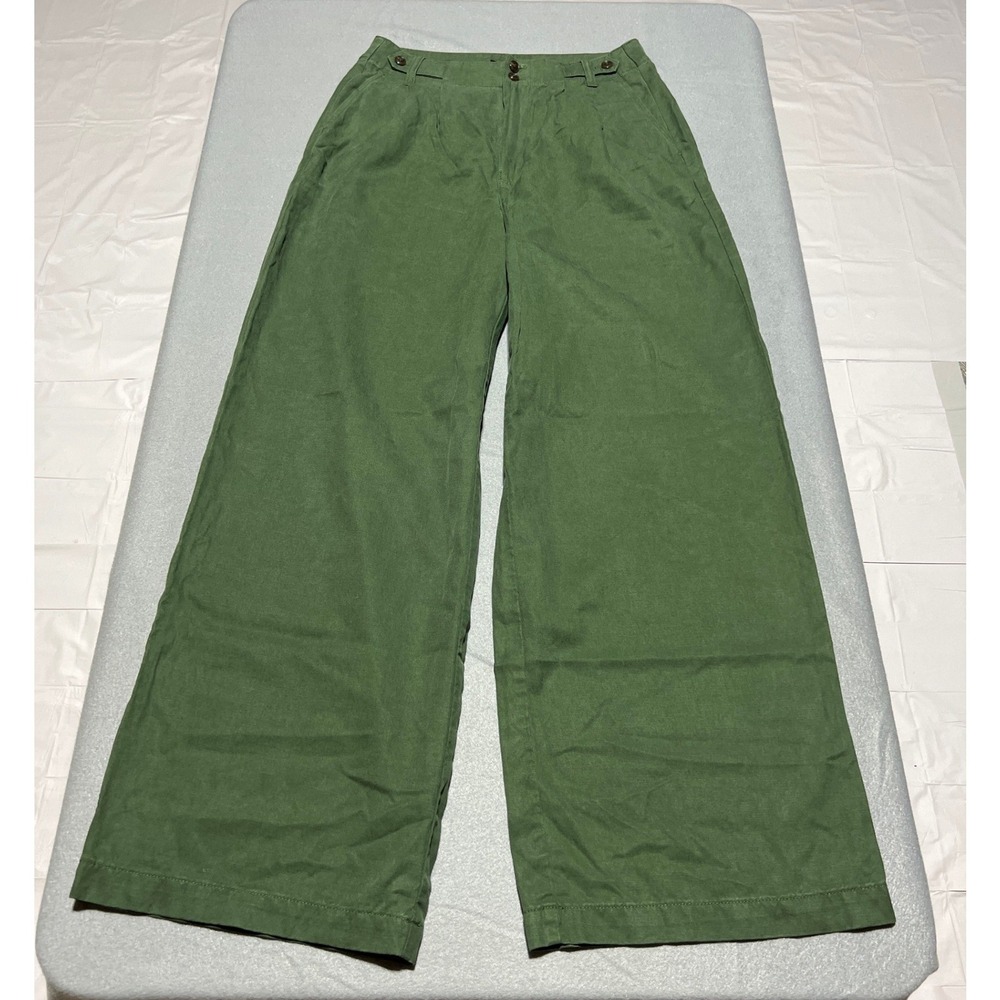 Madewell Olive Green Wide Leg Pleated Harlow Trousers Lyocell Linen Blend Size 4